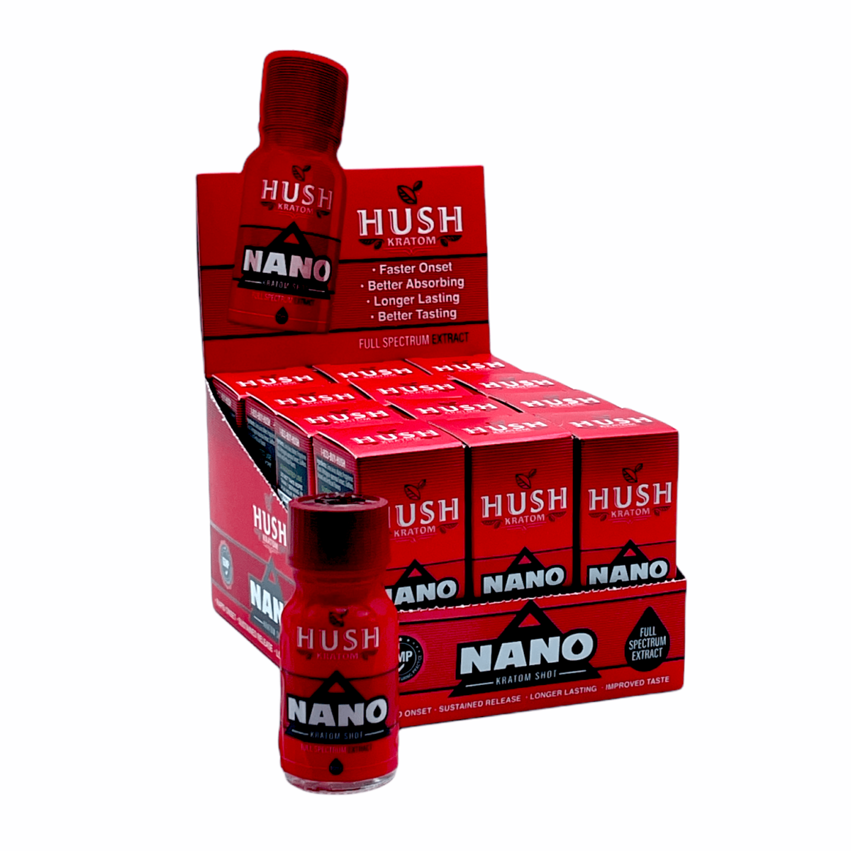 HUSH NANO Kratom Extract Liquid Shot – display box 10ml 12 bottles