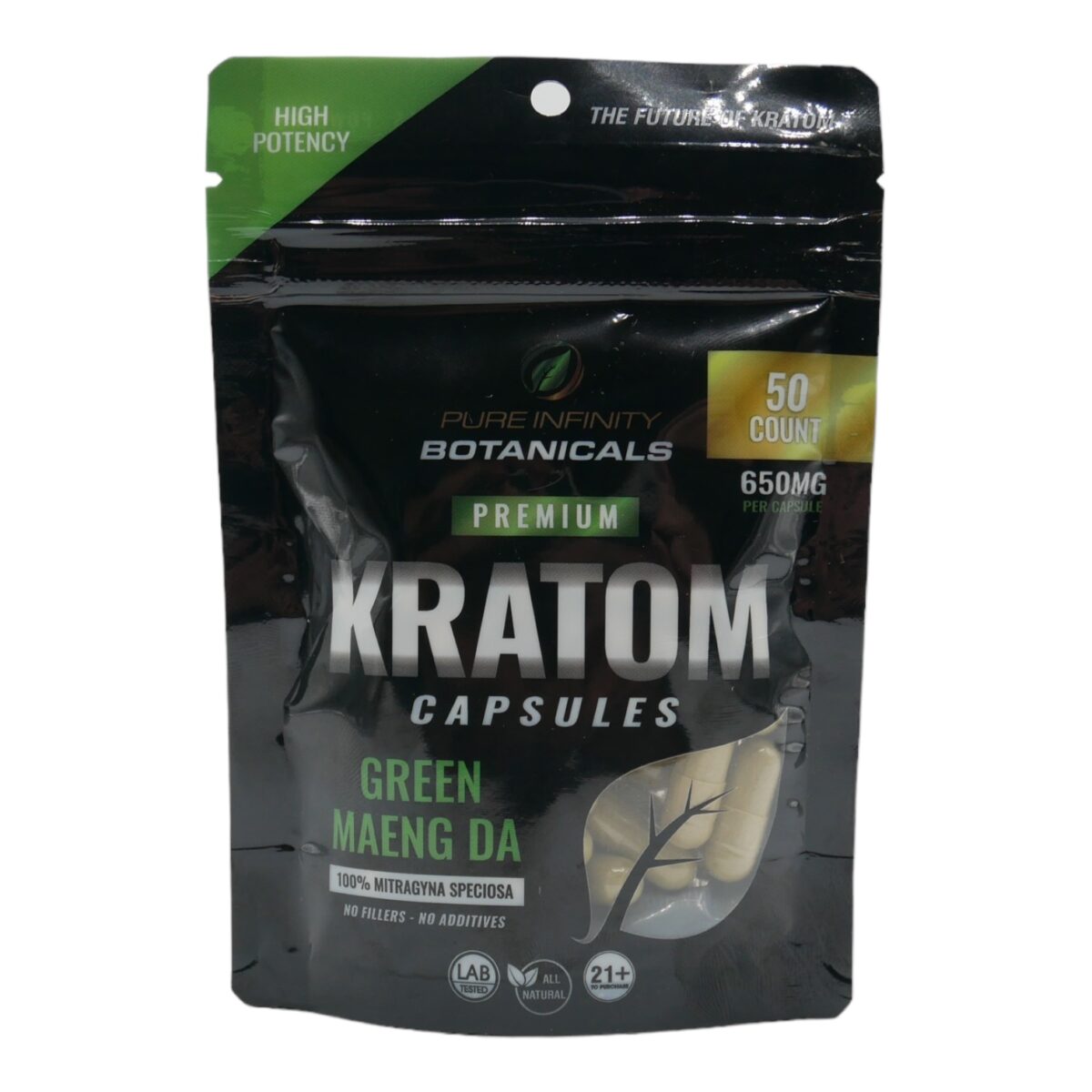 Pure Infinity Premium Kratom Green Maeng Da – Capsules (50 Count)