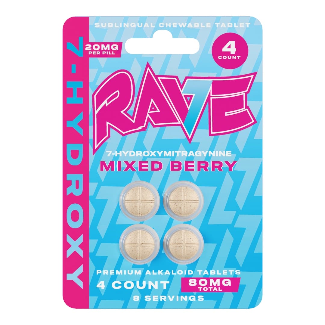 Rave Kratom 7-OH Tablets, 20mg x 4ct - Mixed Berry | Image 1 | Rave Kratom 7-OH Tablets, 20mg x 4ct – Mixed Berry