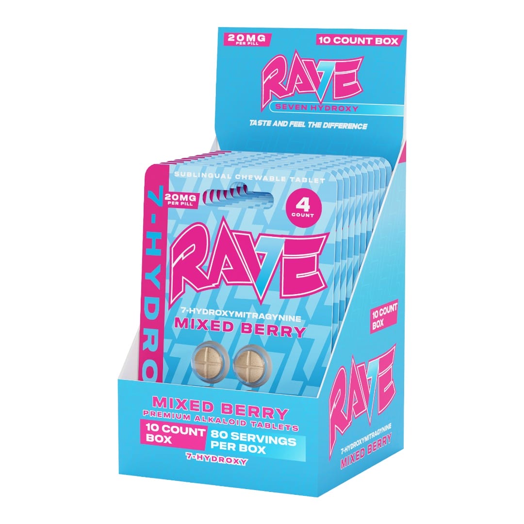 Rave Kratom 7-OH Tablets, 20mg x 4ct - Mixed Berry | Image 7 | Rave Kratom 7-OH Tablets, 20mg x 4ct – Mixed Berry