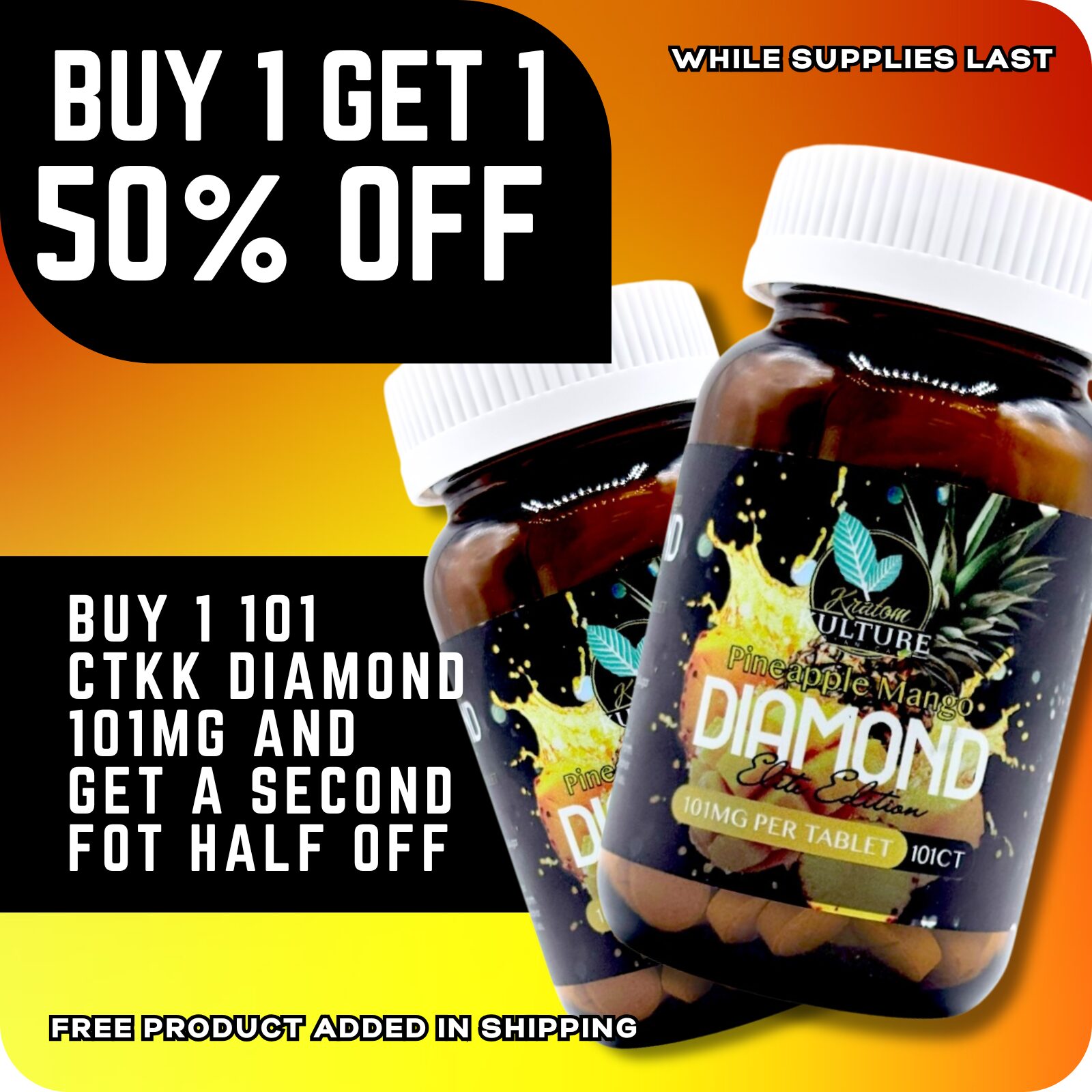 Kratom Kulture Diamond Elite Pineapple Mango Tablets 101mg BOGO 50% | Image 1 | Kratom Kulture Diamond Elite Pineapple Mango Tablets 101mg BOGO 50%