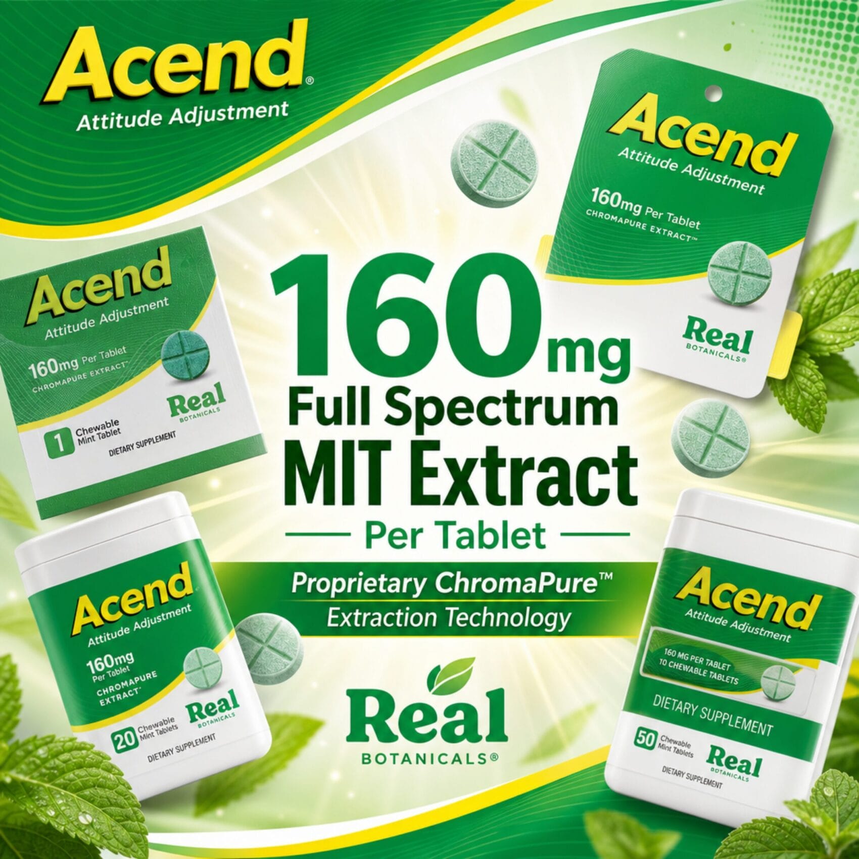 Acend Attitude Adjustment 160mg MIT Extract Chewable Mint Tablets by Real Botanicals — available in 1-tablet, 20-count, and 50-count sizes.