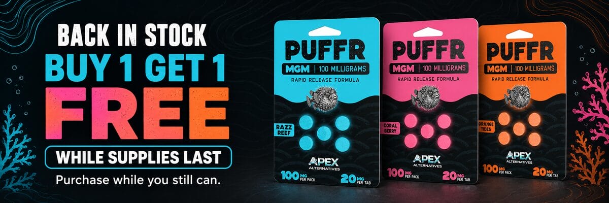 An image on a dark product with three vibrant puffr tablets packaging mockups displayed . the text announces that the products are back in stock and are on a buy 1 get 1 free promotions while supplies last.