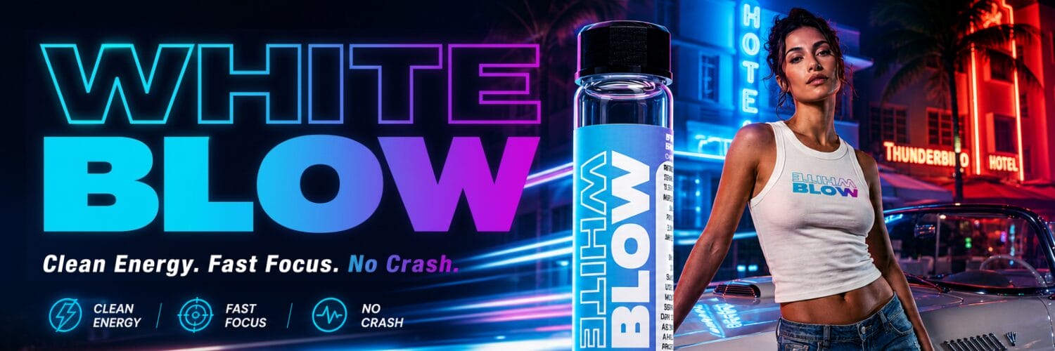 WHITE BLOW clean energy drink shot with fast focus and no crash, held by a woman in a Shockjuice tank top on a neon-lit Miami street at night.