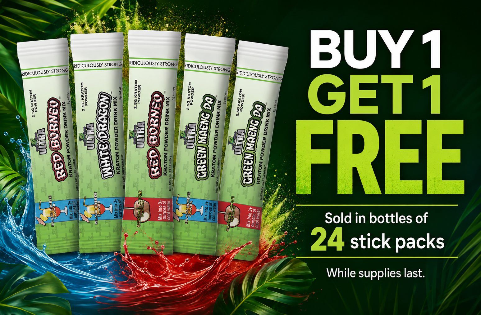 A graphic showin gthe voodoo powders are buy 1 get 1 free, and sold in 24 packs