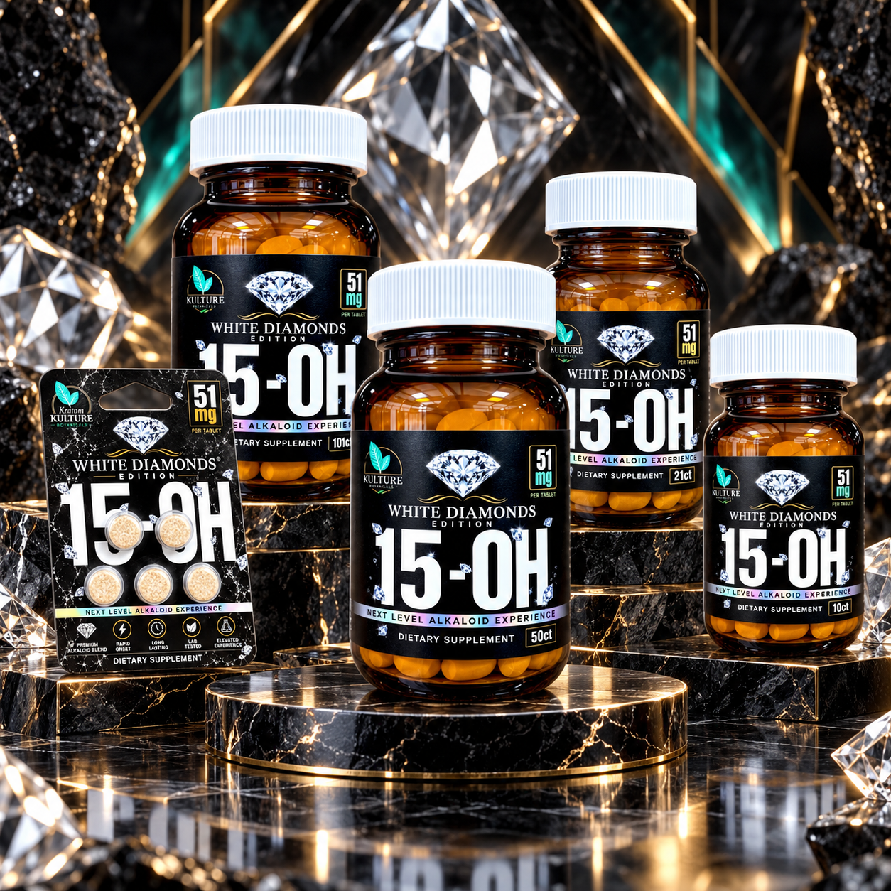 Kratom Kulture - White Diamonds Edition 15-OH Chewable Tablet, 51mg | Image 1 | Kratom Kulture – White Diamonds Edition 15-OH Chewable Tablet, 51mg